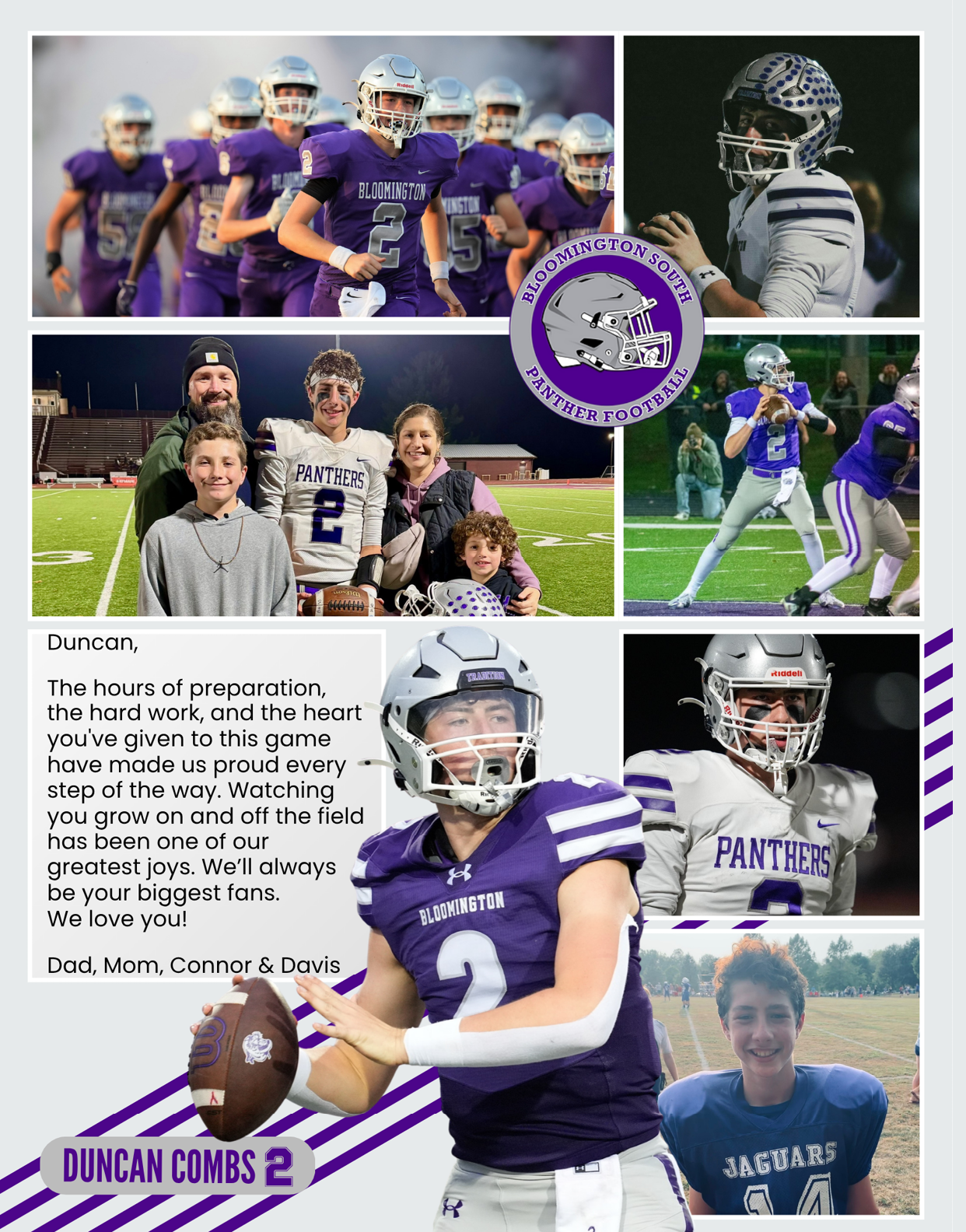 A collage showing a football player in various action poses and team settings, a family group on a football field, a motivational message from family members, and a young person wearing a Jaguars shirt. Description generated by AI