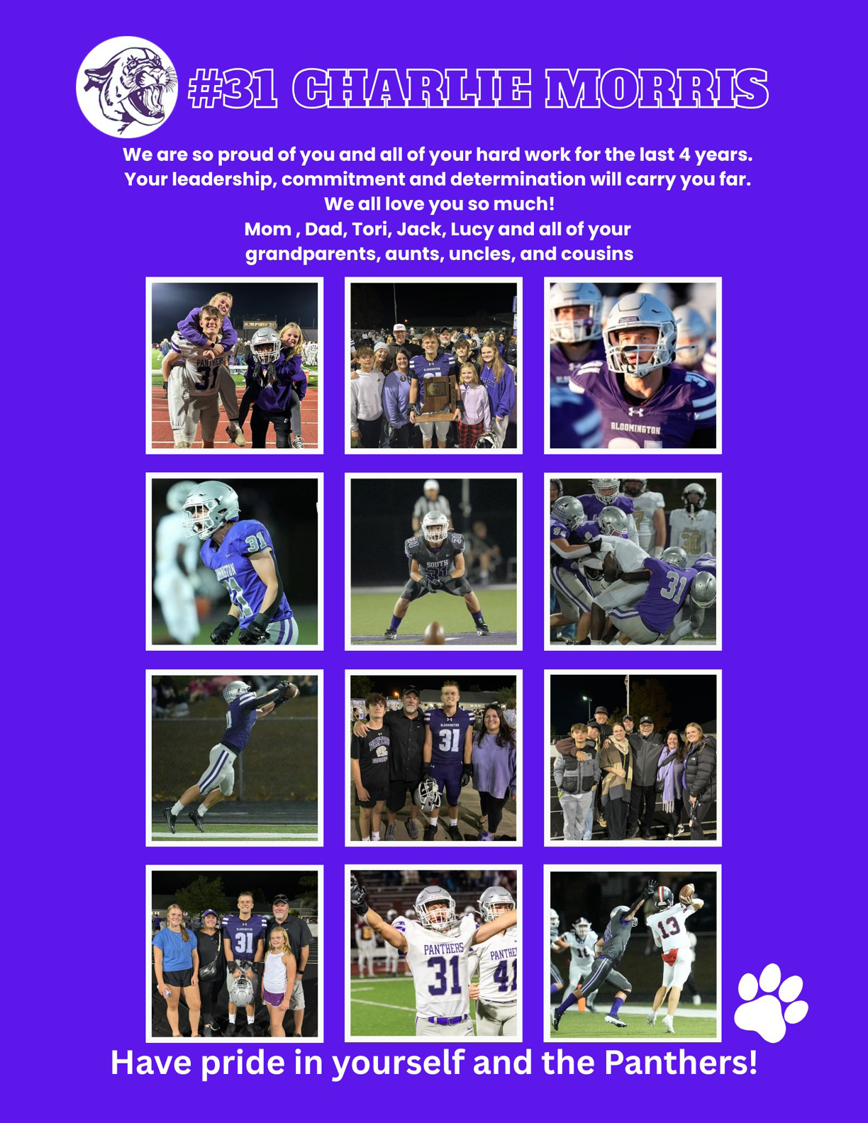 A purple-themed collage celebrating Charlie Morris with multiple photos of people playing football, posing in team uniforms, and standing together with a message of pride and support from family and loved ones. Description generated by AI