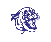 A purple and black tiger with its mouth open. Description generated by AI