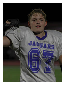 A football player wearing a blue and red jersey. Description generated by AI