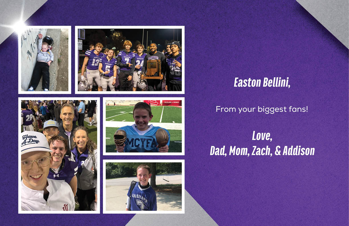 A collage of photos shows people in sports uniforms and casual clothing smiling and posing together with a message on a purple background expressing love and support for Easton Bellini from family members. Description generated by AI