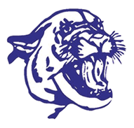 A purple and black tiger with its mouth open. Description generated by AI