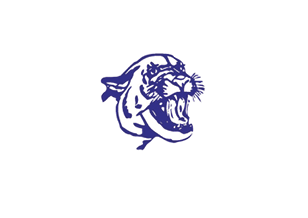 A purple and black tiger with its mouth open. Description generated by AI