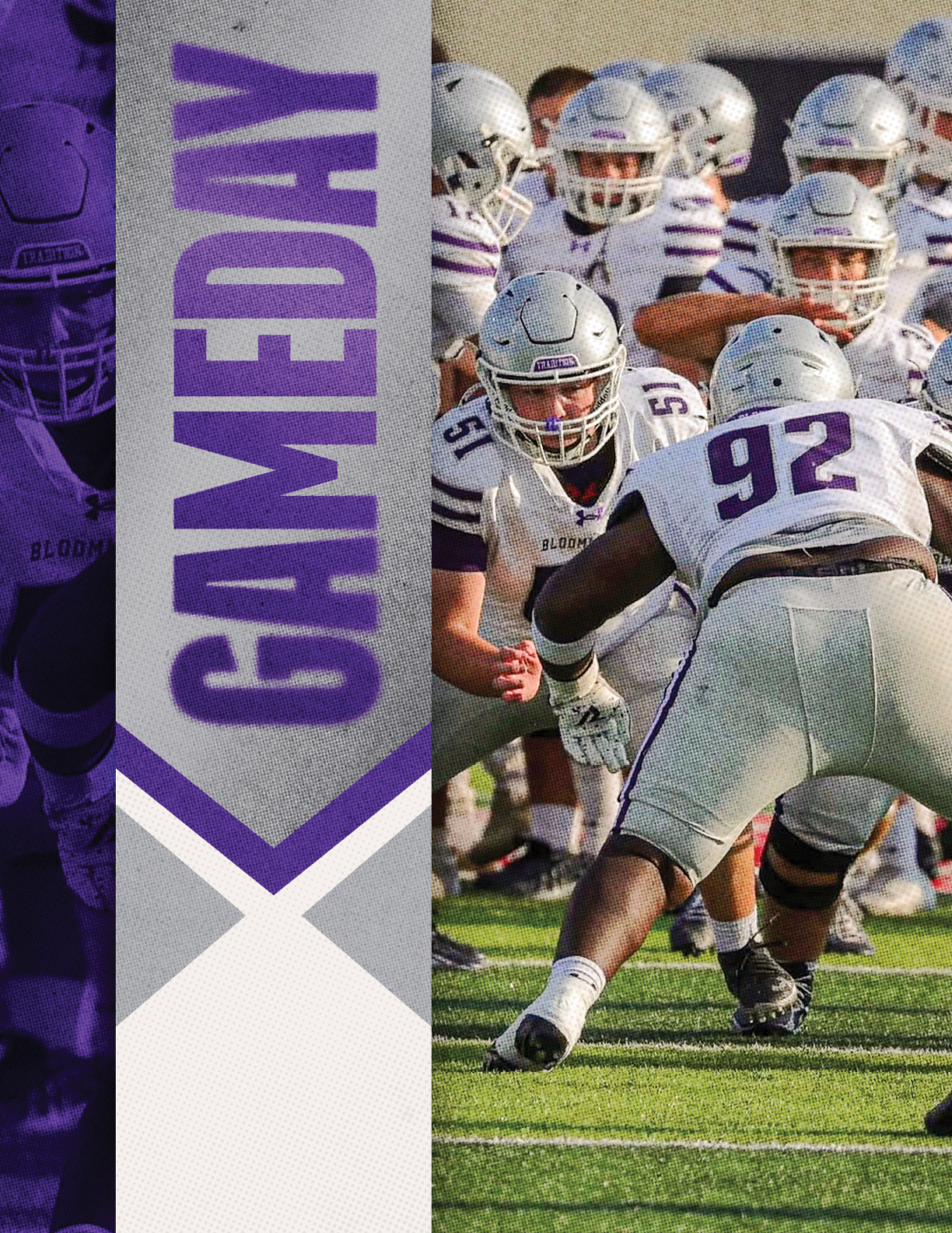 A group of football players in white and purple uniforms are positioned on a field preparing for a play with the word GAMEDAY displayed vertically in purple on a gray and white background. Description generated by AI