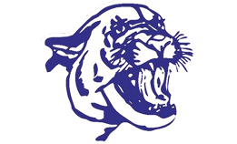 A purple and black tiger with its mouth open. Description generated by AI