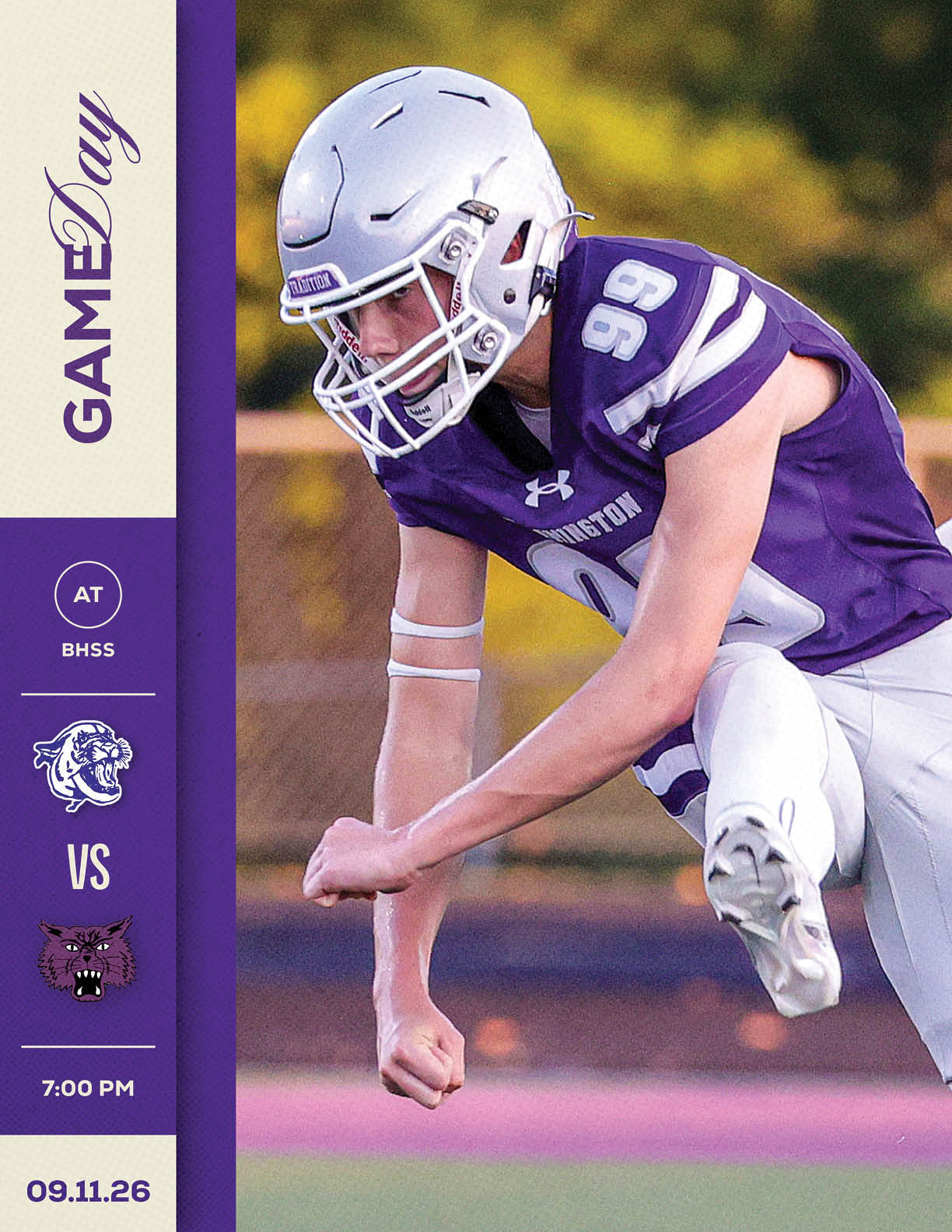 A person in a purple and white football uniform and helmet is crouched in an athletic stance on a field with a graphic sidebar showing a game day announcement for a football match between BHSS and another team at 7:00 PM on 09.11.26. Description generated by AI