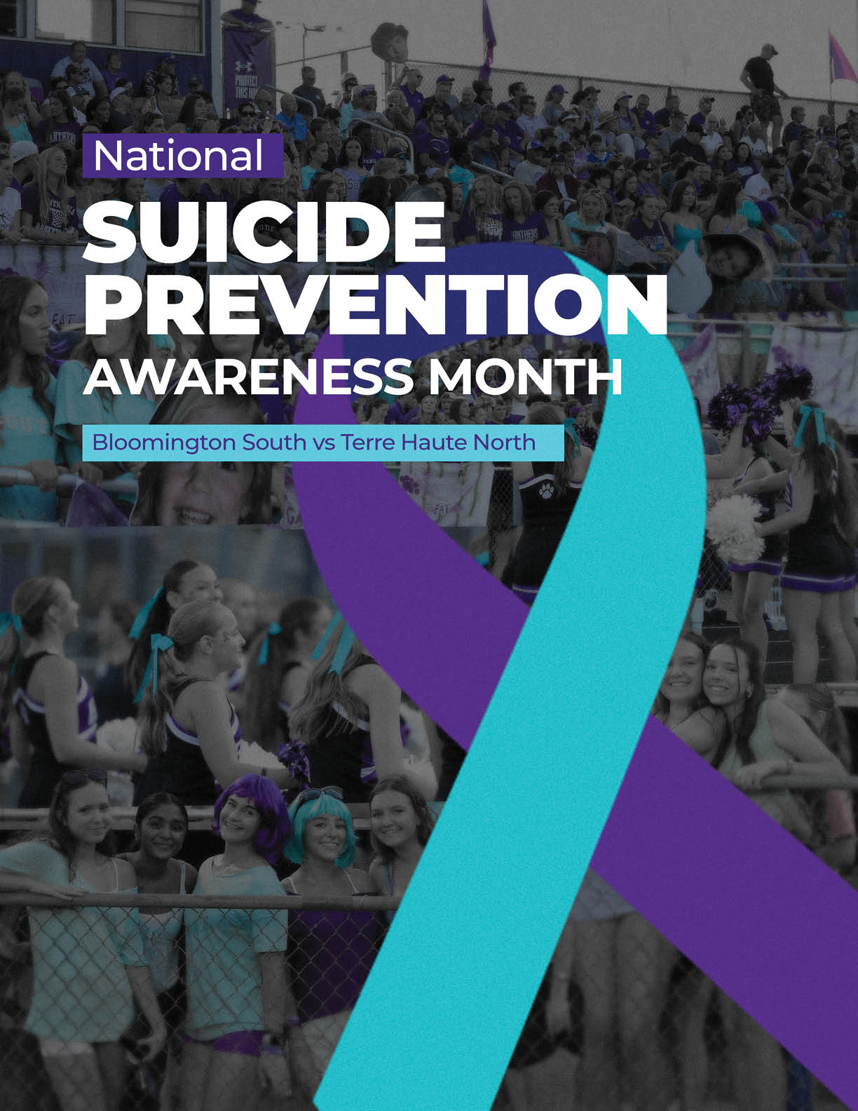 A crowd of people in bleachers is shown behind large text promoting National Suicide Prevention Awareness Month with a purple and teal awareness ribbon overlay. Description generated by AI