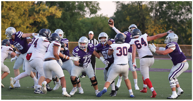 A group of people wearing football uniforms are actively engaged in a play on a grassy field with trees in the background. Description generated by AI