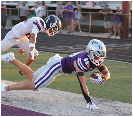 Two football players in action are diving near the end zone, one wearing a purple uniform holding the ball and the other in a white uniform attempting to tackle. Description generated by AI