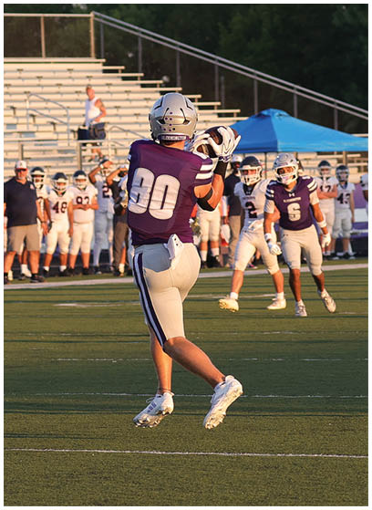 A person wearing a purple sports jersey with the number 30 is jumping to catch a football on a green field with other players and spectators in the background. Description generated by AI