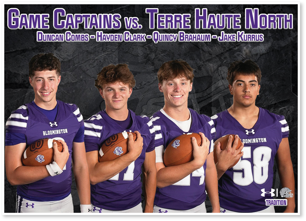 Four people wearing purple football jerseys holding footballs stand side by side under text identifying them as game captains for a football game against Terre Haute North. Description generated by AI
