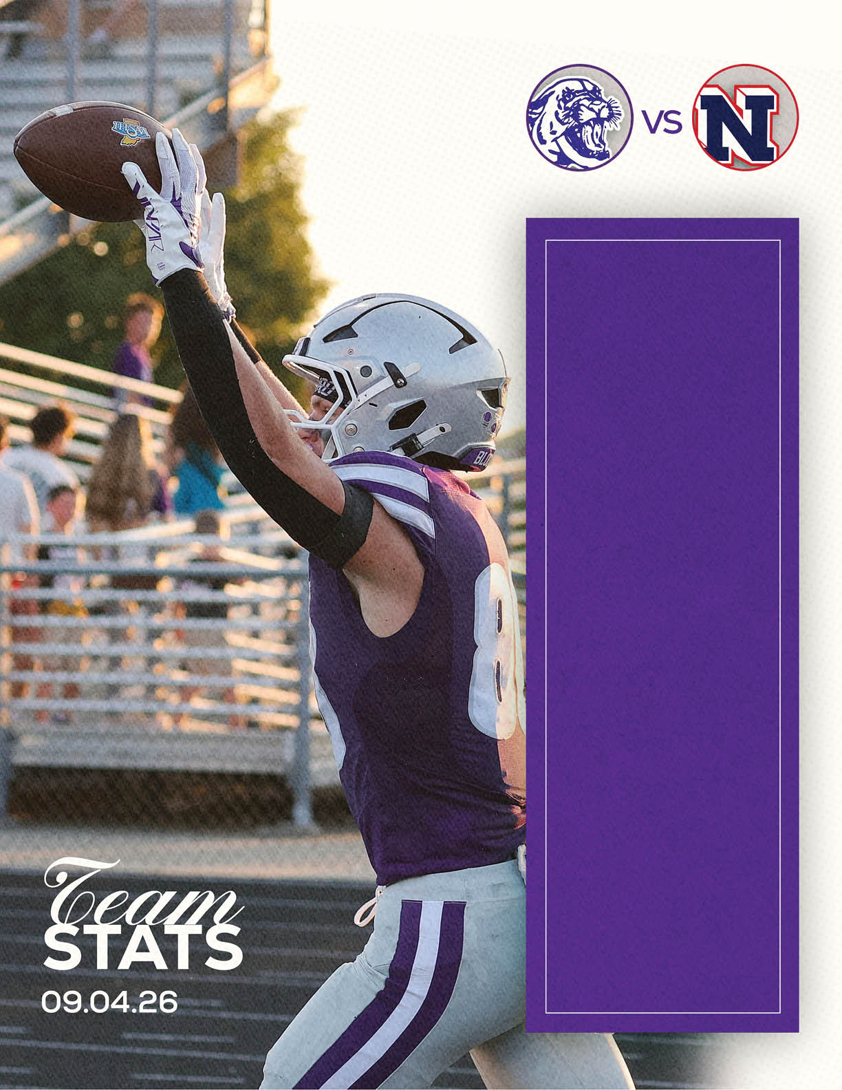 A person in a purple and white football uniform is reaching up to catch a football with a stadium background and team logos displayed for a game on September 4th. Description generated by AI