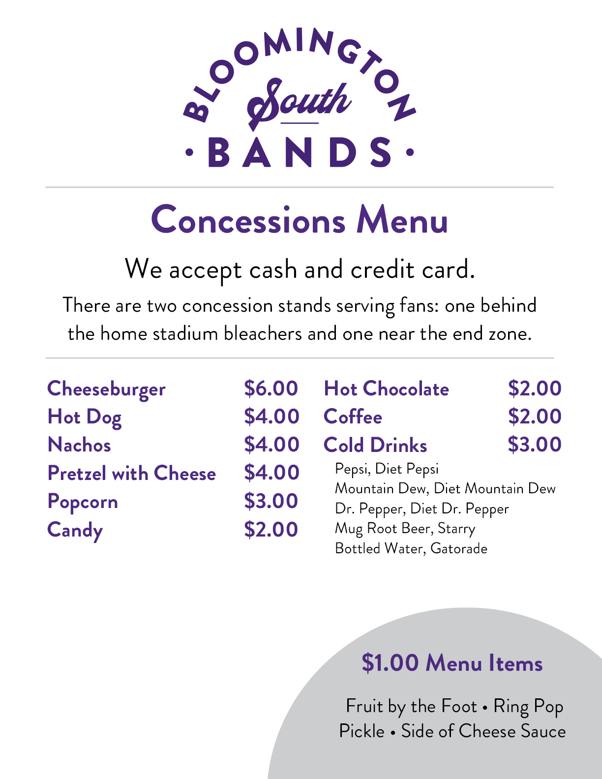 Bloomington South Bands concessions menu listing food and drink items with prices and locations of two concession stands at the stadium. Description generated by AI