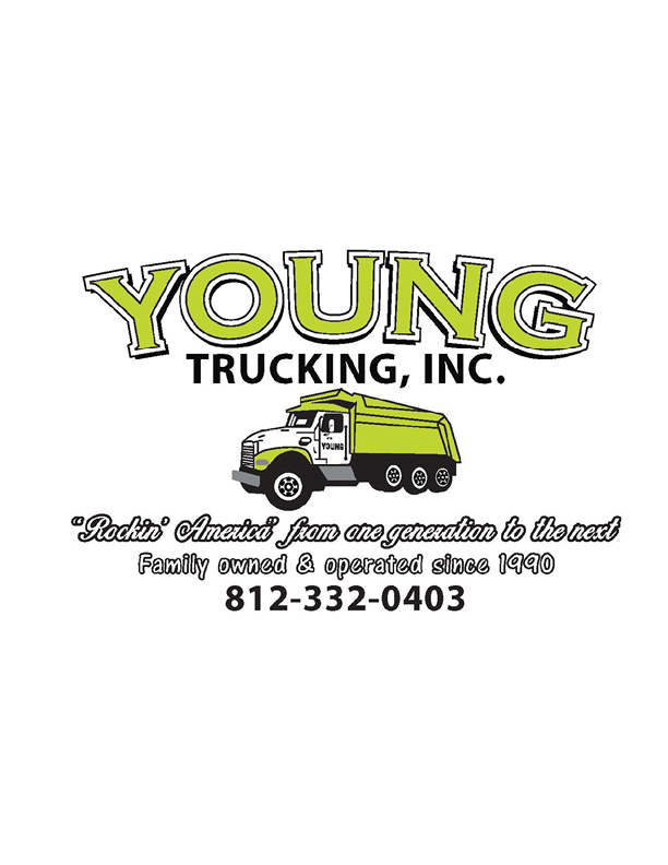 Young Trucking, Inc. logo featuring a green and black dump truck with the slogan “Rockin' America from one generation to the next" and a phone number below. Description generated by AI