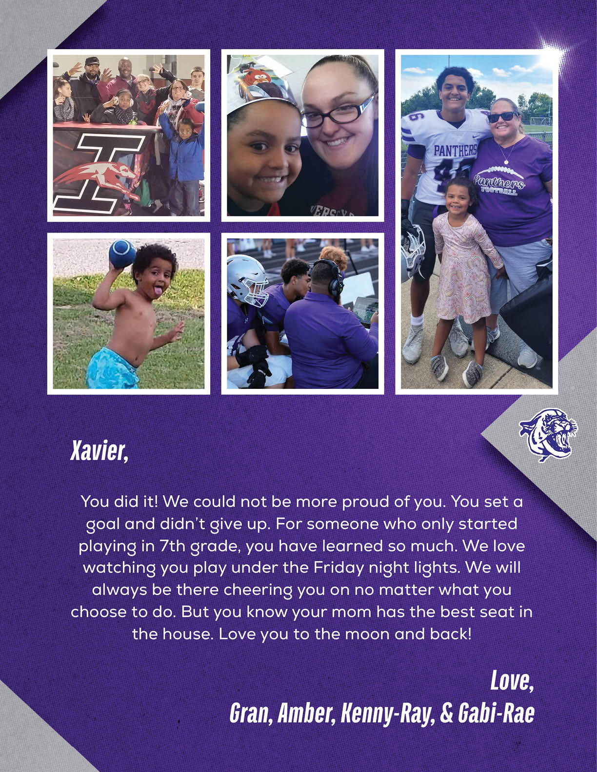 A collage of five photos shows people celebrating a sports achievement with smiles, hugs, and a child playing outside, accompanied by a heartfelt congratulatory message from family members. Description generated by AI