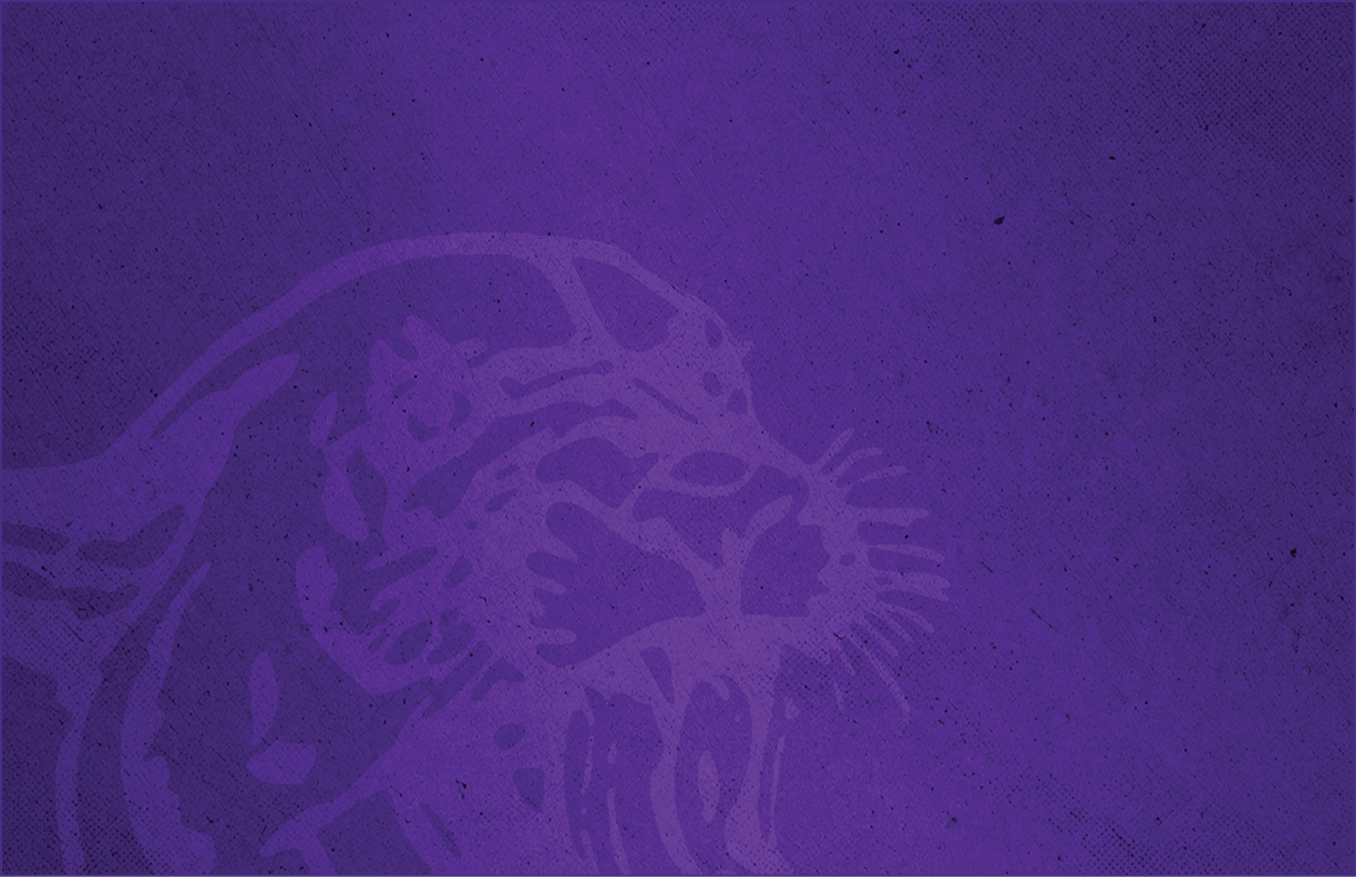 A stylized purple graphic of a roaring big cat, possibly a leopard or jaguar, with a textured background. Description generated by AI