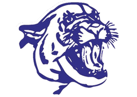 A stylized blue illustration of a roaring big cat head, likely a panther or cougar, with an open mouth showing teeth and whiskers. Description generated by AI