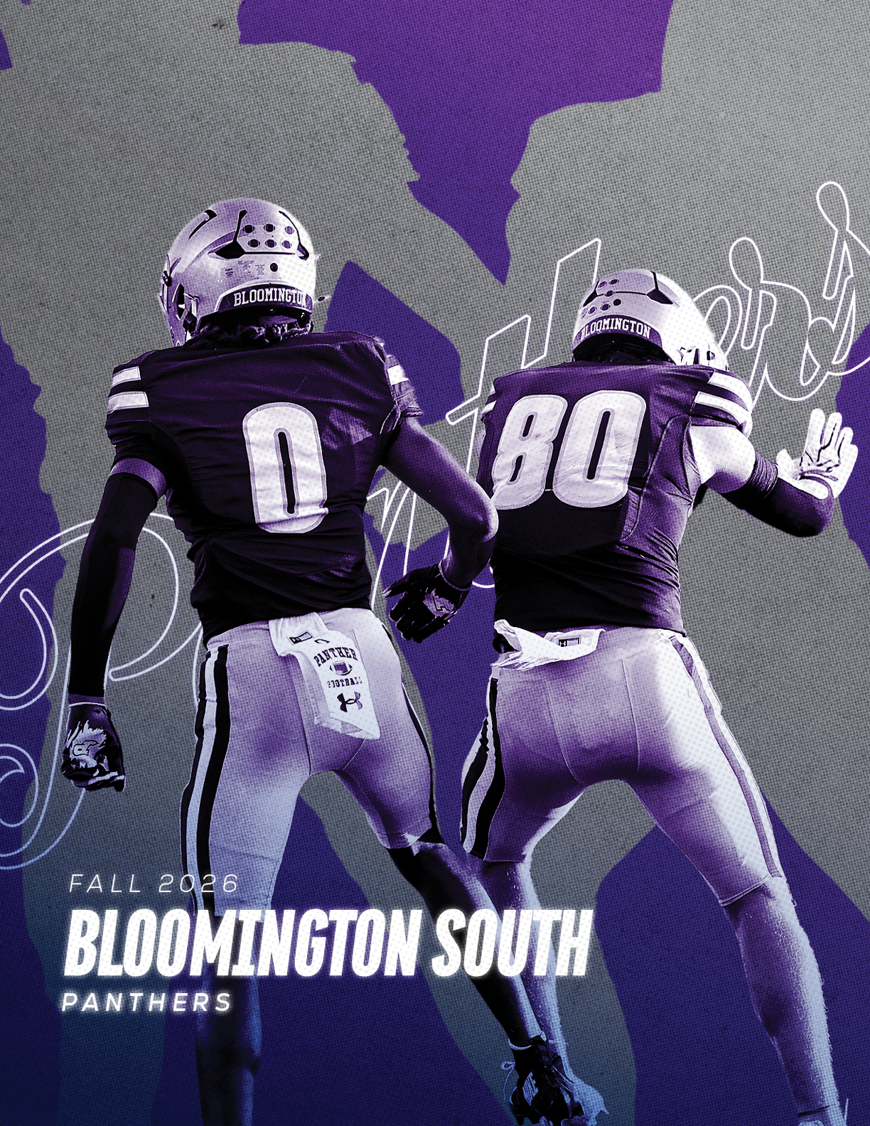Two people in football uniforms with numbers zero and eighty are standing back to back against a stylized background with text reading Bloomington South Panthers. Description generated by AI
