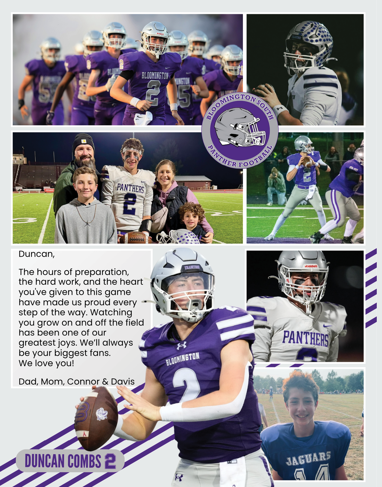 A collage showing a football player in various action poses and team settings, a family group on a football field, a motivational message from family members, and a young person wearing a Jaguars shirt. Description generated by AI