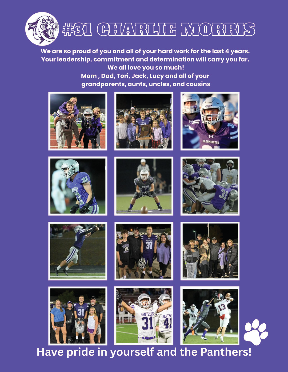 A purple-themed collage celebrating Charlie Morris with multiple photos of people playing football, posing in team uniforms, and standing together with a message of pride and support from family and loved ones. Description generated by AI