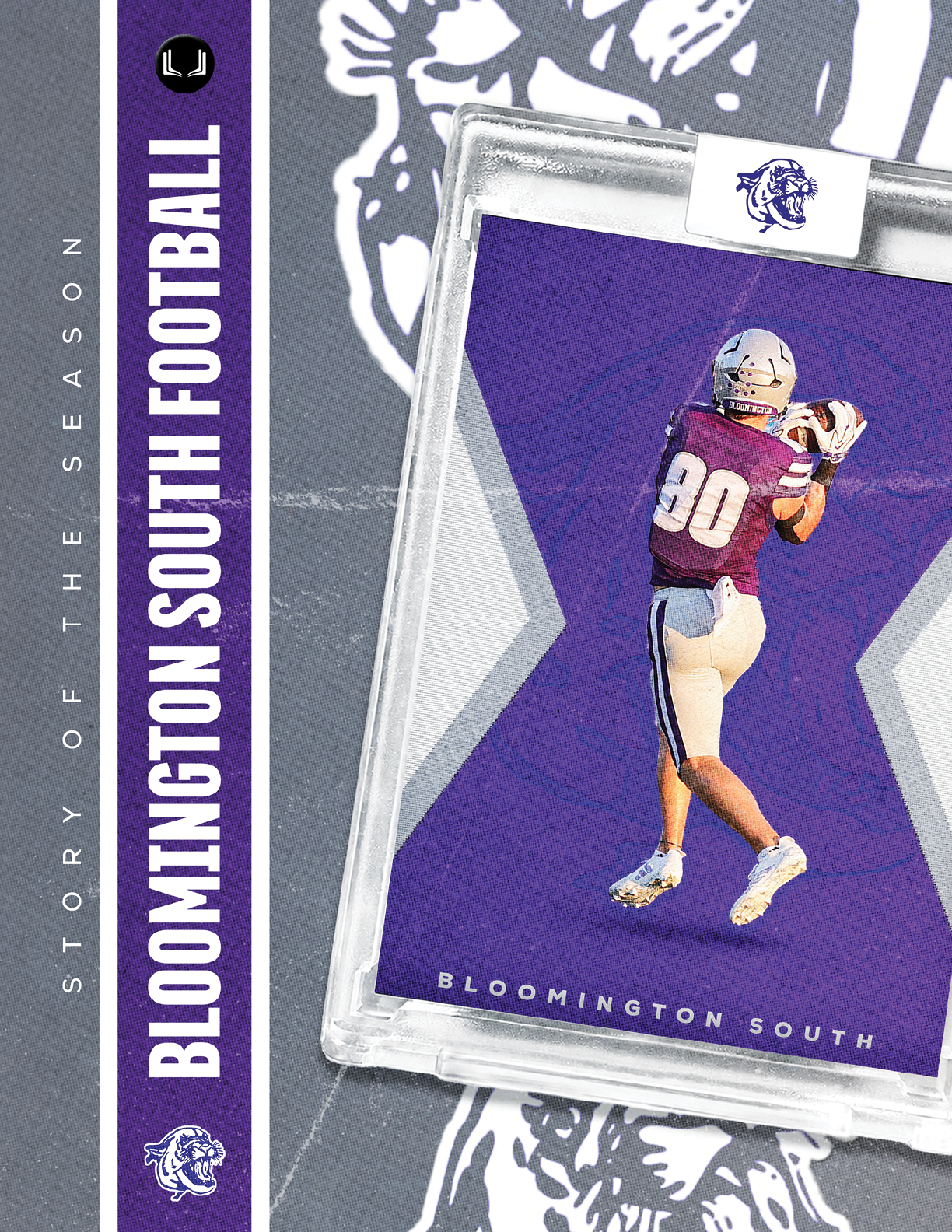 A football card featuring a person in a purple and white uniform catching a football with the text Bloomington South Football and a tiger logo on a purple background. Description generated by AI