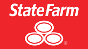 The State Farm logo features the brand name in white text above three interlocking white ovals on a red background. Description generated by AI
