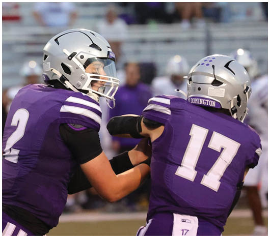 Two people in purple football uniforms and silver helmets are engaged in a play on a football field with blurred spectators in the background. Description generated by AI