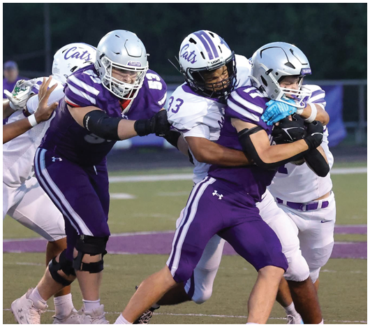 Two people in white football uniforms are tackling two people in purple football uniforms during a game on a field. Description generated by AI