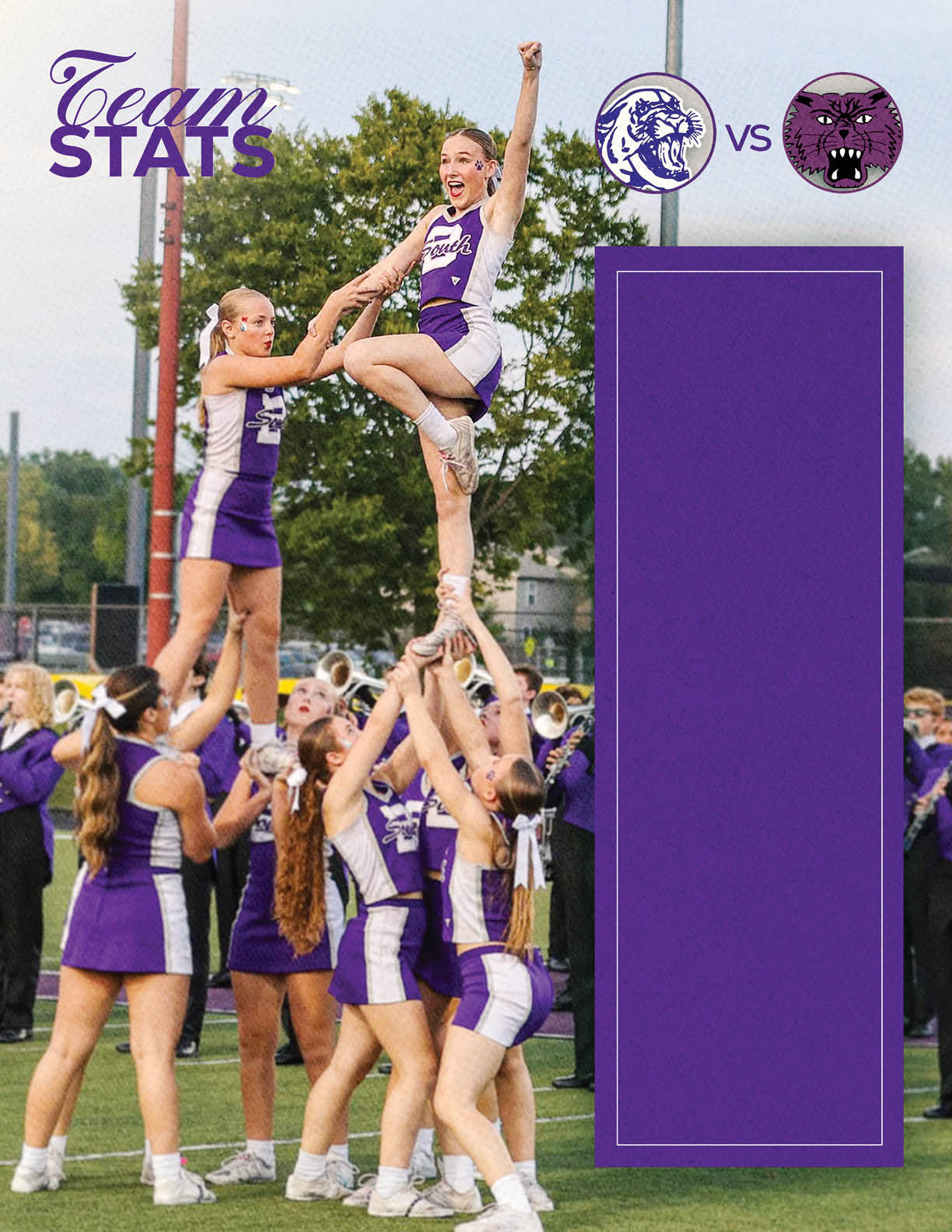 A group of people in purple and white cheerleading uniforms perform a cheer stunt on a sports field with a purple graphic panel and team logos in the background. Description generated by AI