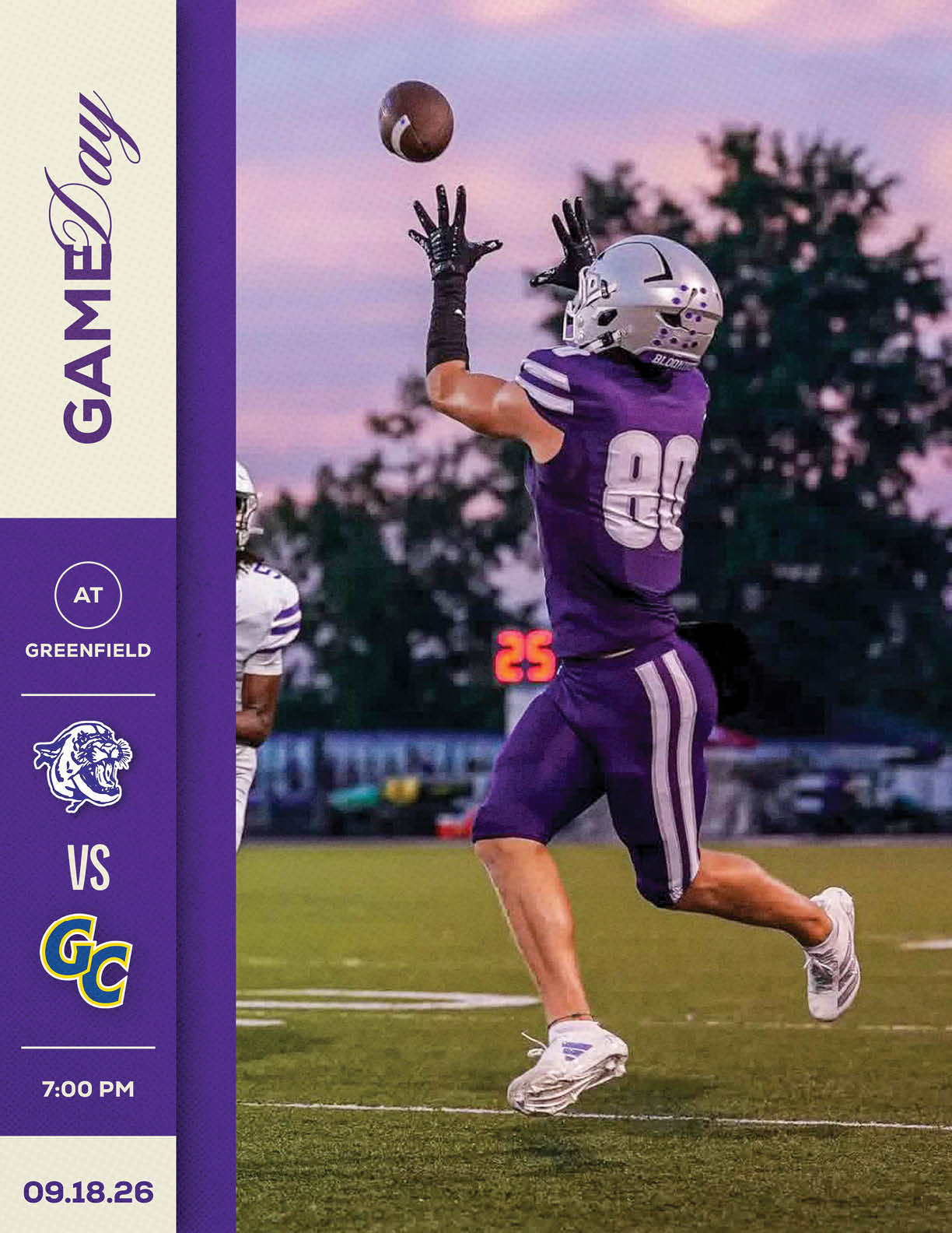 A person in a purple football uniform is jumping to catch a football on a field during a game at sunset with a scoreboard and trees in the background. Description generated by AI