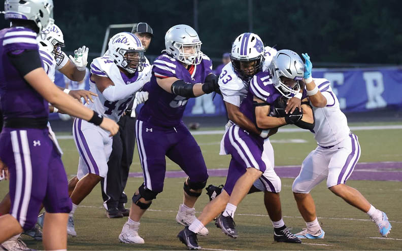 People in football uniforms are actively engaged in a play on a field, with one person holding the ball while others attempt to block or tackle. Description generated by AI