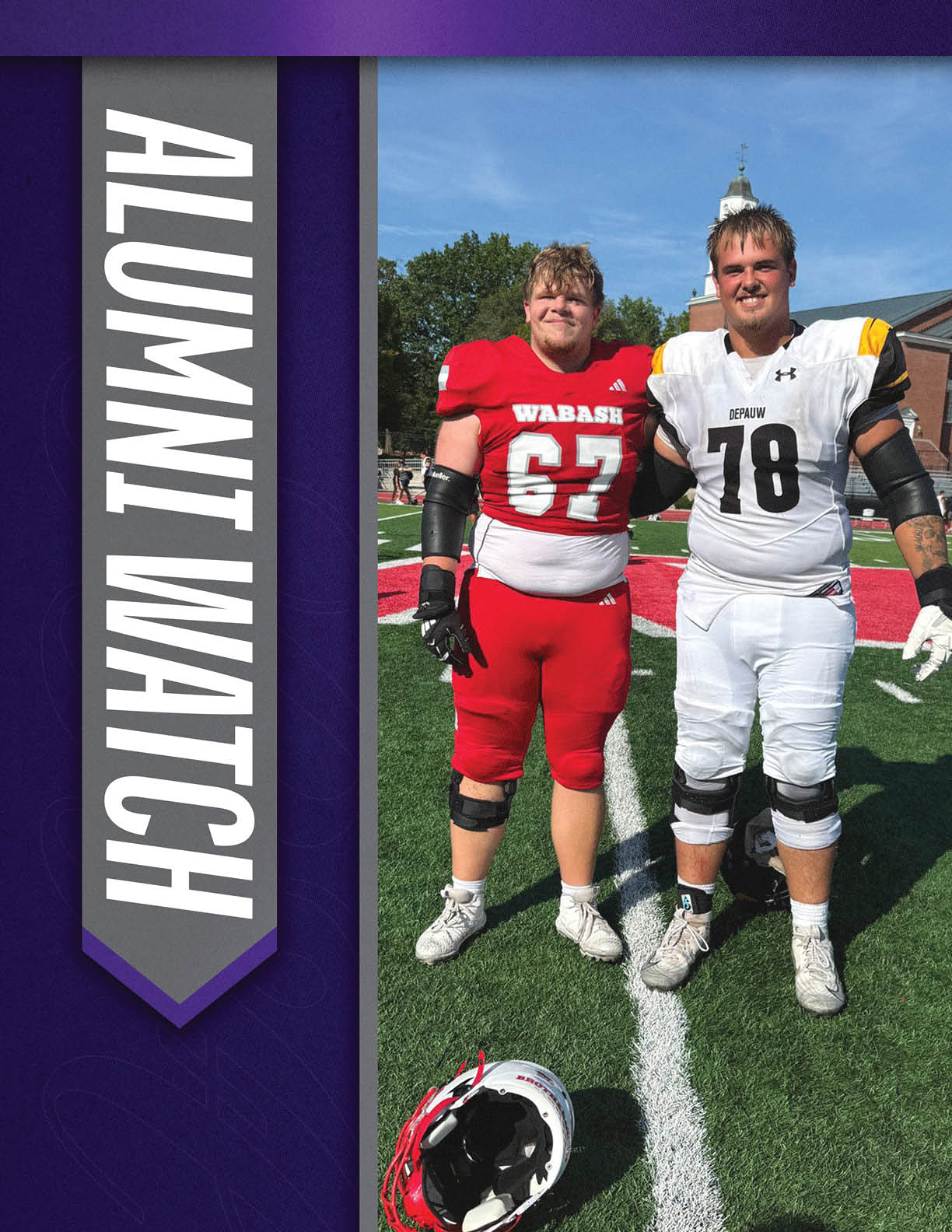 Two adults wearing football uniforms stand on a football field with one arm around each other, with a helmet on the ground in front of them and a banner reading “ALUMNI WATCH" on the left side. Description generated by AI
