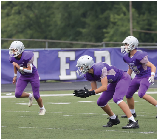 Three people in purple football uniforms and white helmets are positioned on a field, appearing ready to start a play. Description generated by AI