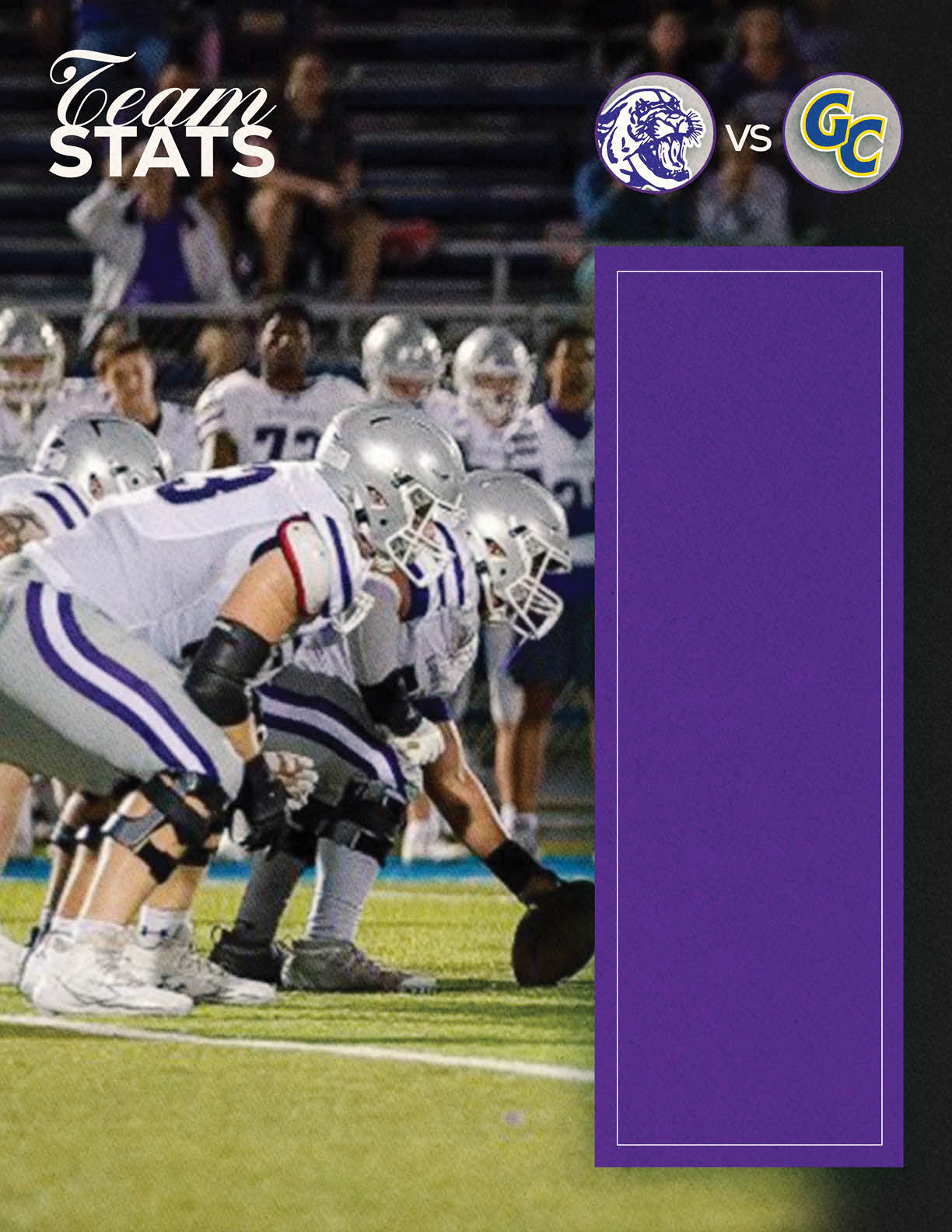A group of football players in white and purple uniforms are lined up on the field preparing for a play with a purple graphic panel and team logos on the right side. Description generated by AI