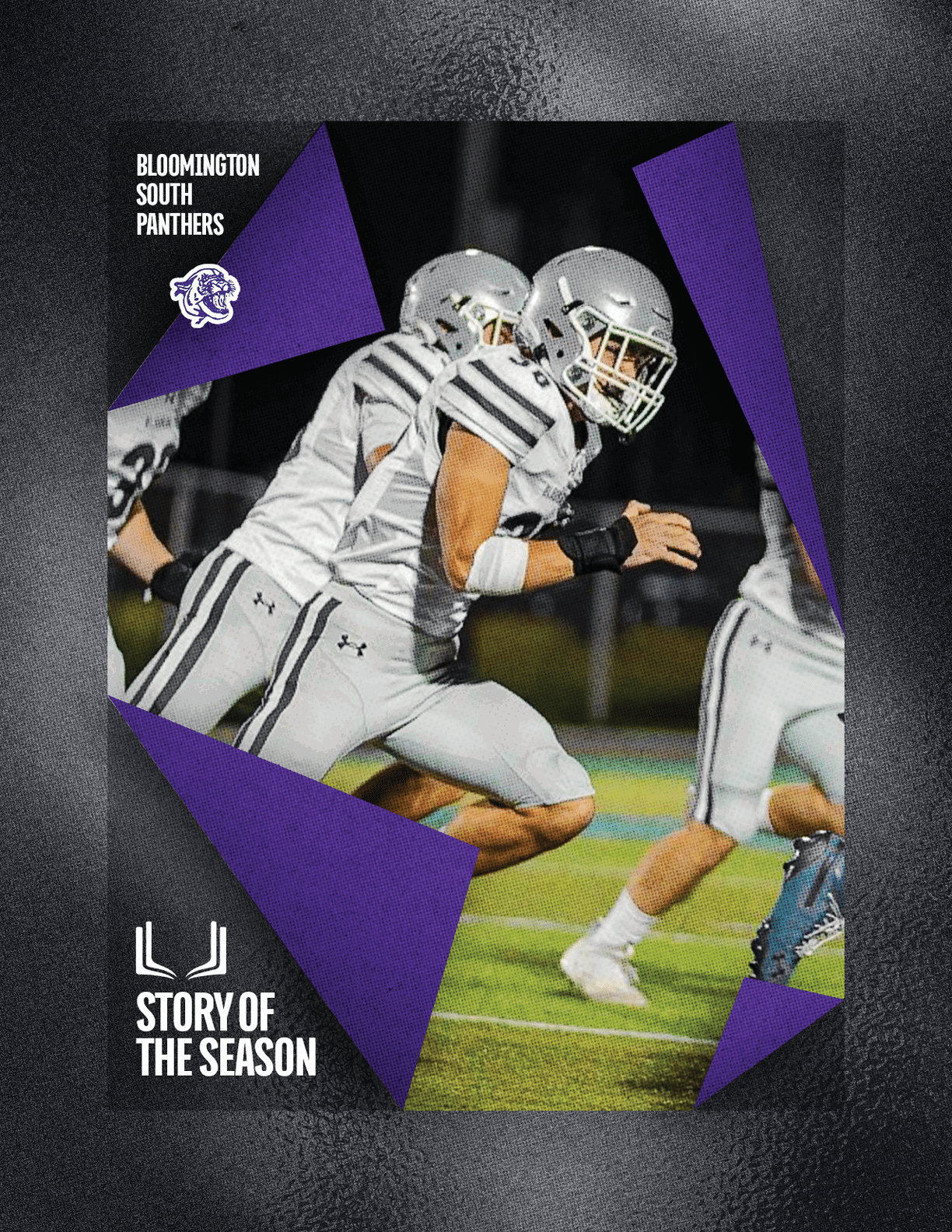 Two people in football uniforms and helmets are running on a field with a graphic overlay that includes the text Bloomington South Panthers and Story of the Season. Description generated by AI