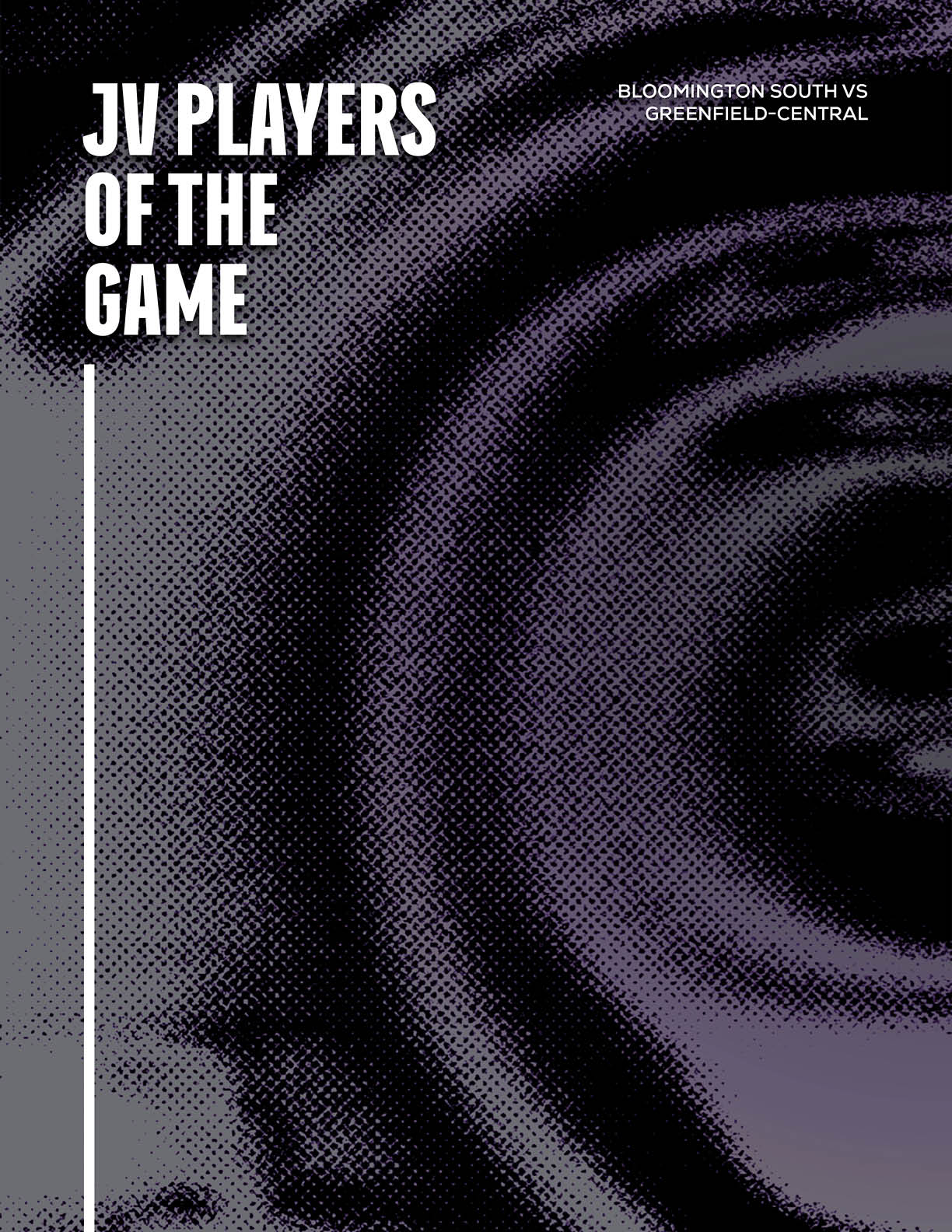 The graphic features bold white text reading JV Players of the Game with smaller text indicating a game between Bloomington South and Greenfield-Central on a dark, abstract, textured background. Description generated by AI