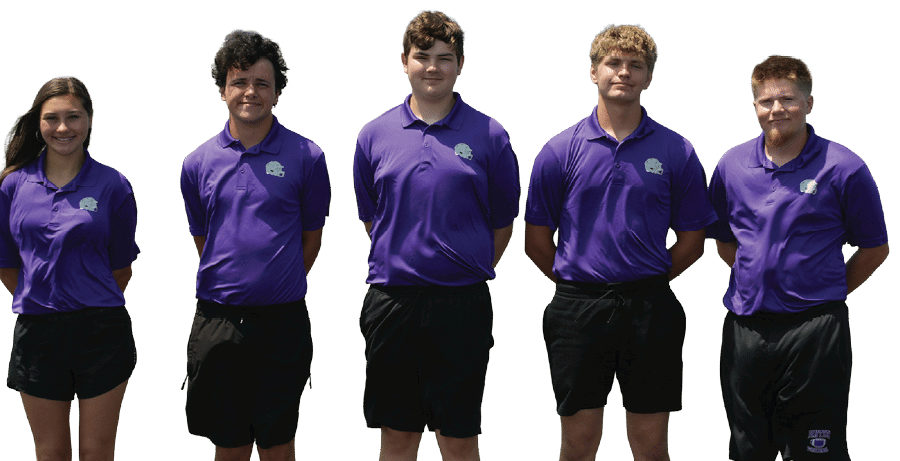 Five people stand side by side wearing matching purple polo shirts and black bottoms against a white background. Description generated by AI