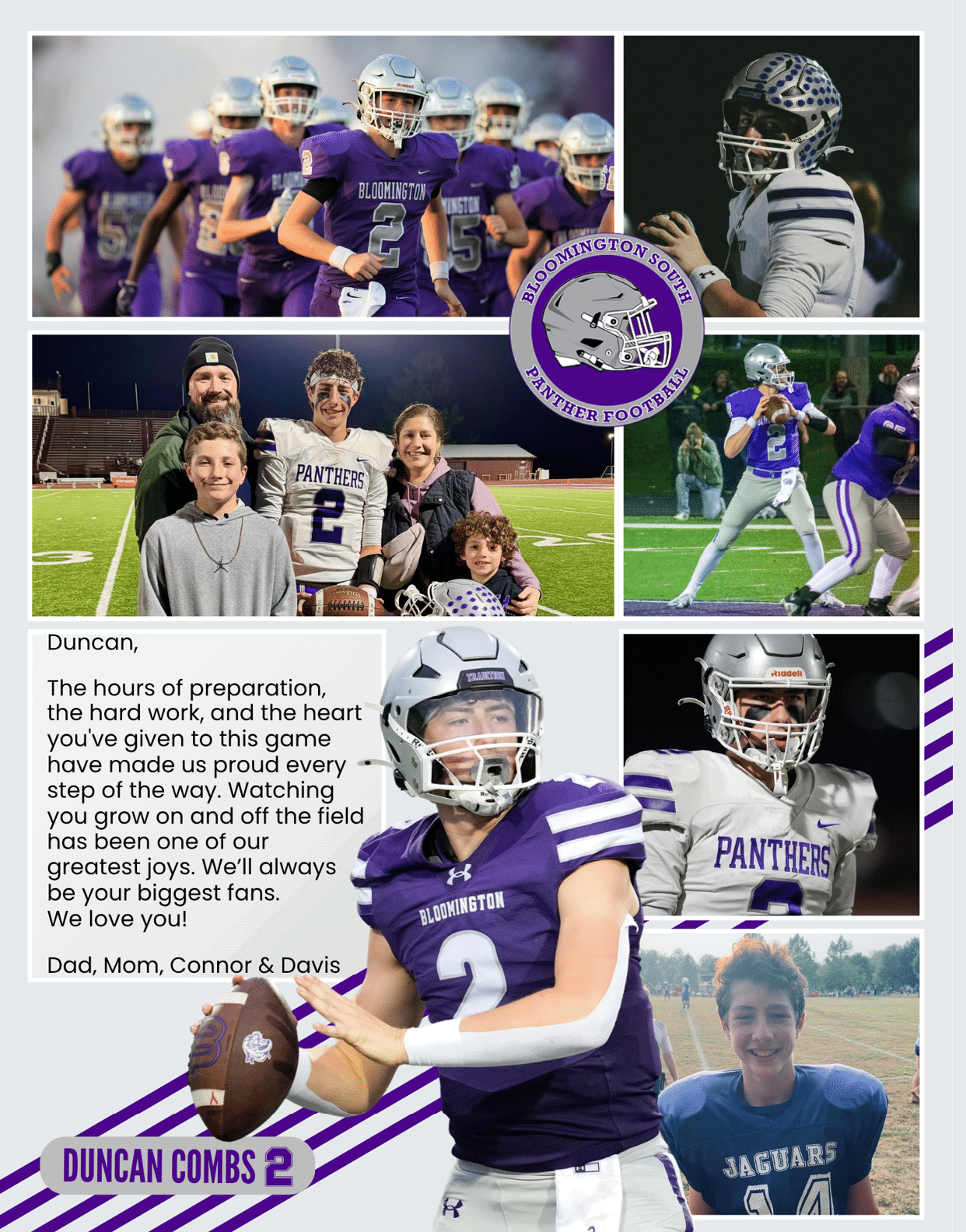 A collage showing a football player in various action poses and team settings, a family group on a football field, a motivational message from family members, and a young person wearing a Jaguars shirt. Description generated by AI
