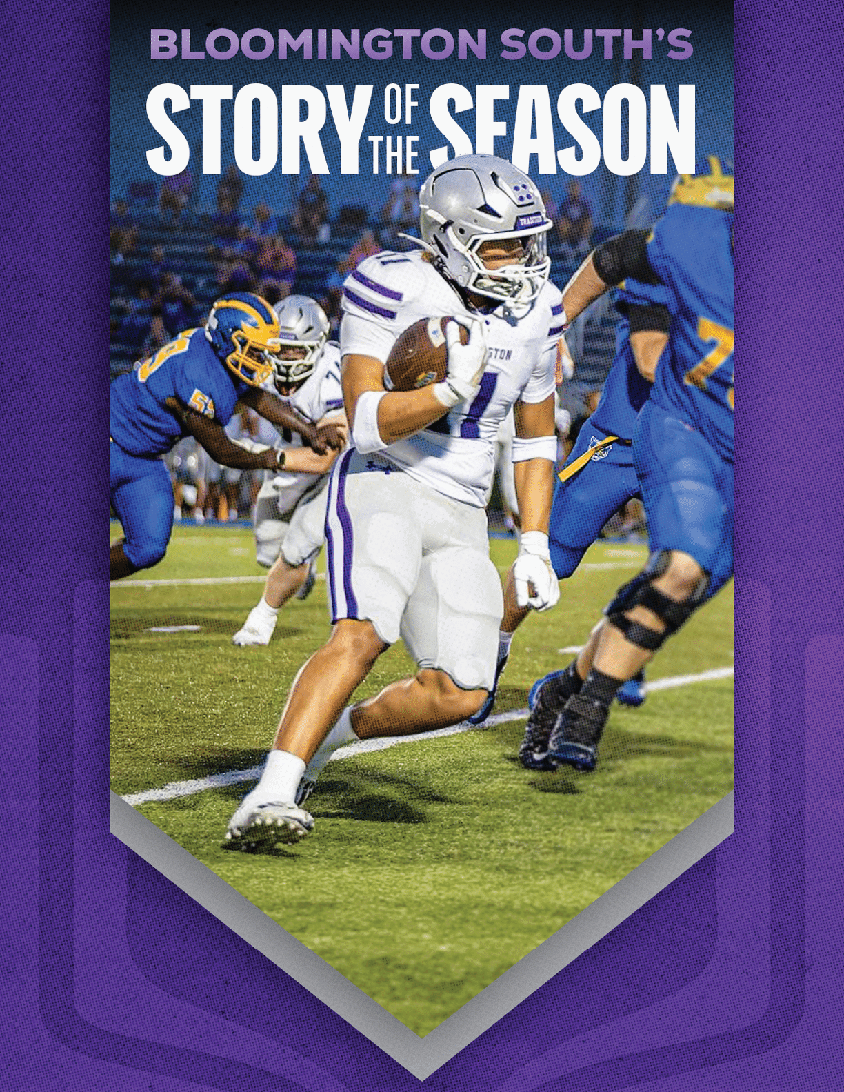 A person in a white football uniform is running with the ball on a field while being pursued by players in blue uniforms, with the text “Bloomington South's Story of the Season" above. Description generated by AI