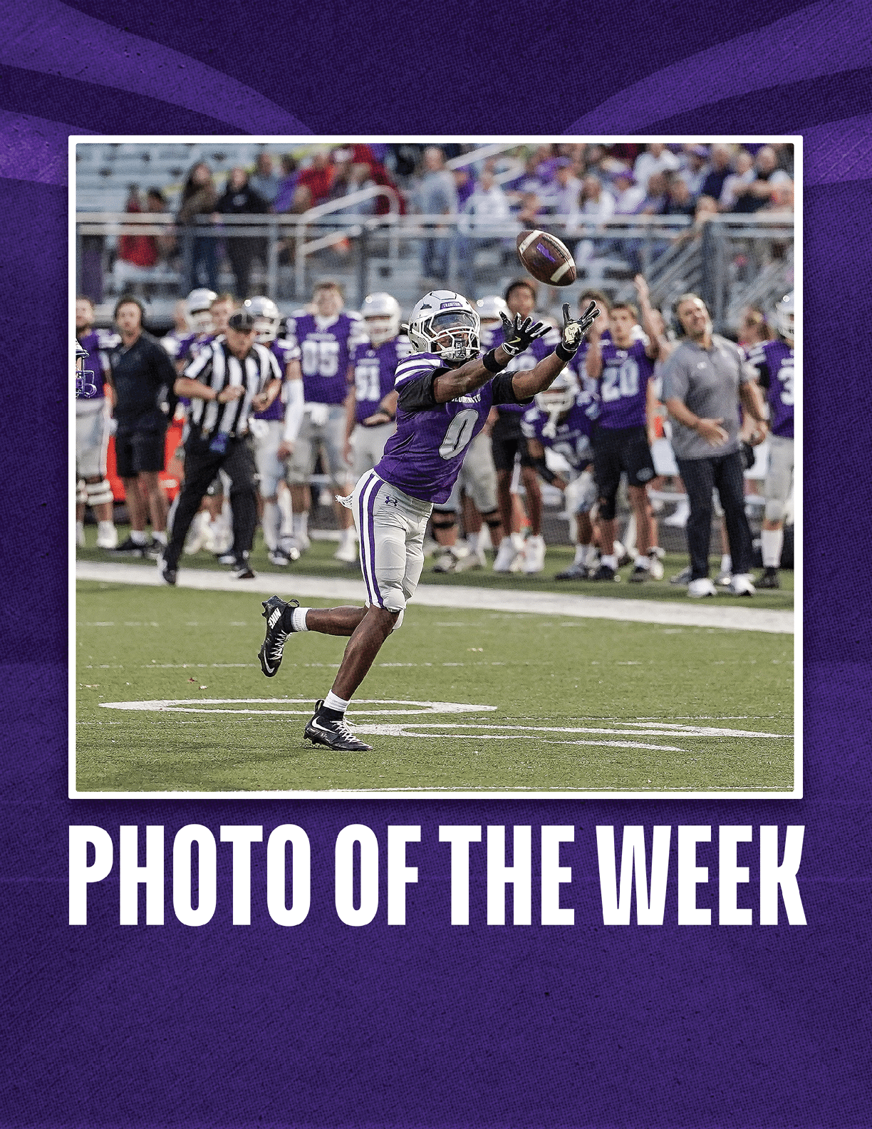 An adult in a purple football uniform is leaping forward with arms extended to catch a football on a field with teammates and referees in the background. Description generated by AI