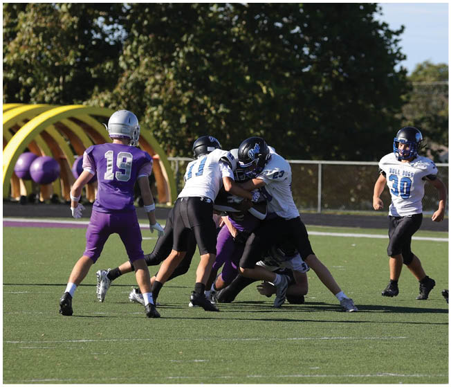 Several people wearing football uniforms are engaged in a tackle on a grassy field with trees and a yellow tunnel structure in the background. Description generated by AI