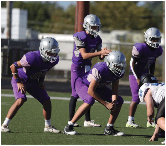 A group of people wearing purple sports uniforms and helmets are positioned on a football field preparing for a play against opponents in white and black uniforms. Description generated by AI