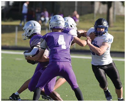 Three people wearing purple and white football uniforms and helmets are on a field with blurred spectators and trees in the background. Description generated by AI