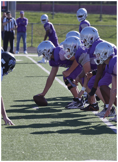 A group of people in purple sports uniforms and silver helmets are lined up on a football field preparing for a play. Description generated by AI