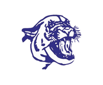 A purple and black tiger with its mouth open. Description generated by AI