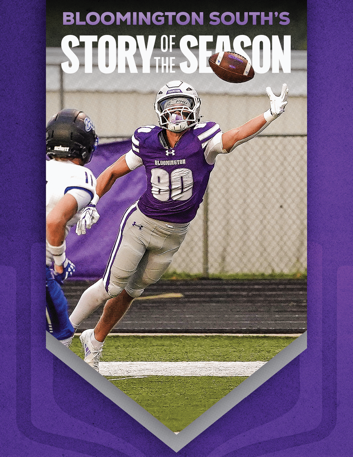A person in a purple football uniform leaps with an outstretched arm to catch a football while another person in a white and blue uniform approaches. Description generated by AI