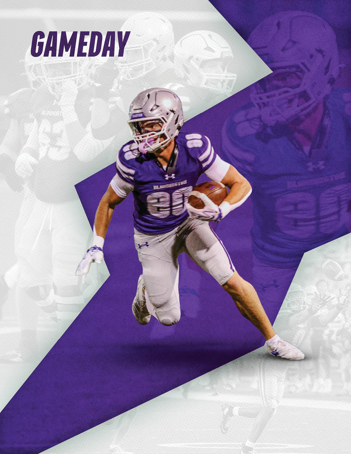 A person in a purple and gray football uniform is running with a football against a background featuring a large purple lightning bolt and faded images of football players with the word “GAMEDAY" in the top left corner. Description generated by AI