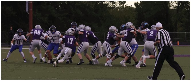 Adults wearing football uniforms are engaged in a play on a grassy field with a referee observing nearby. Description generated by AI