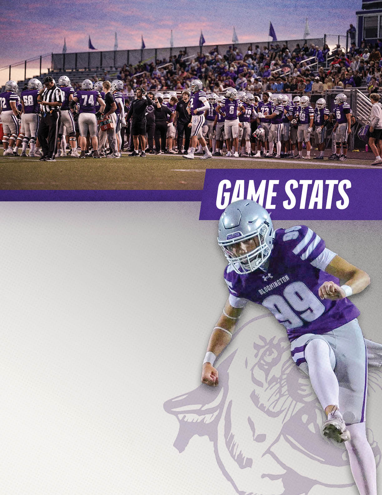 A football player in a purple and white uniform is in an action pose with a crowd and team on the sidelines in the background under a dusk sky with the text “GAME STATS" above. Description generated by AI
