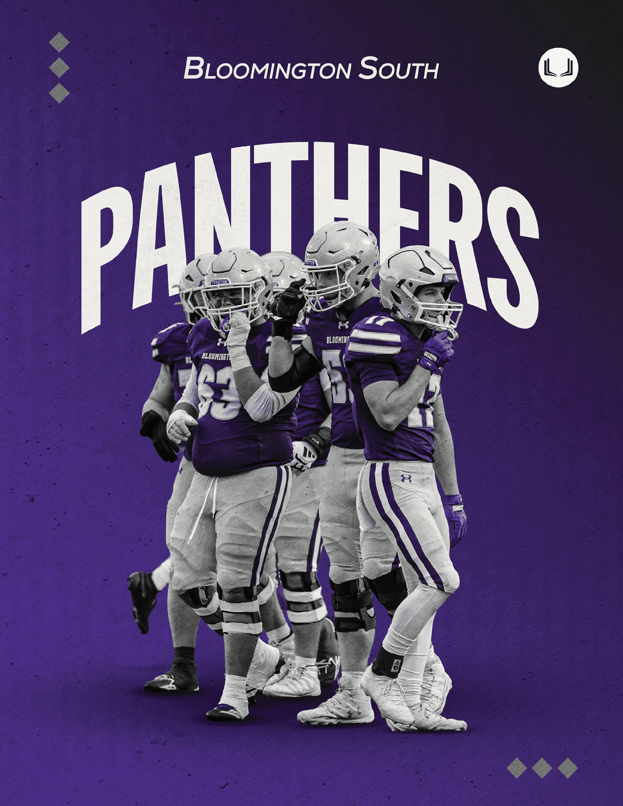 Four football players in purple and white uniforms stand together on a purple background with the text Bloomington South Panthers above them. Description generated by AI